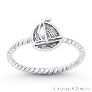 Sailboat Nautical Charm Stackable Ring in Oxidized .925 Sterling Silver - Size 6